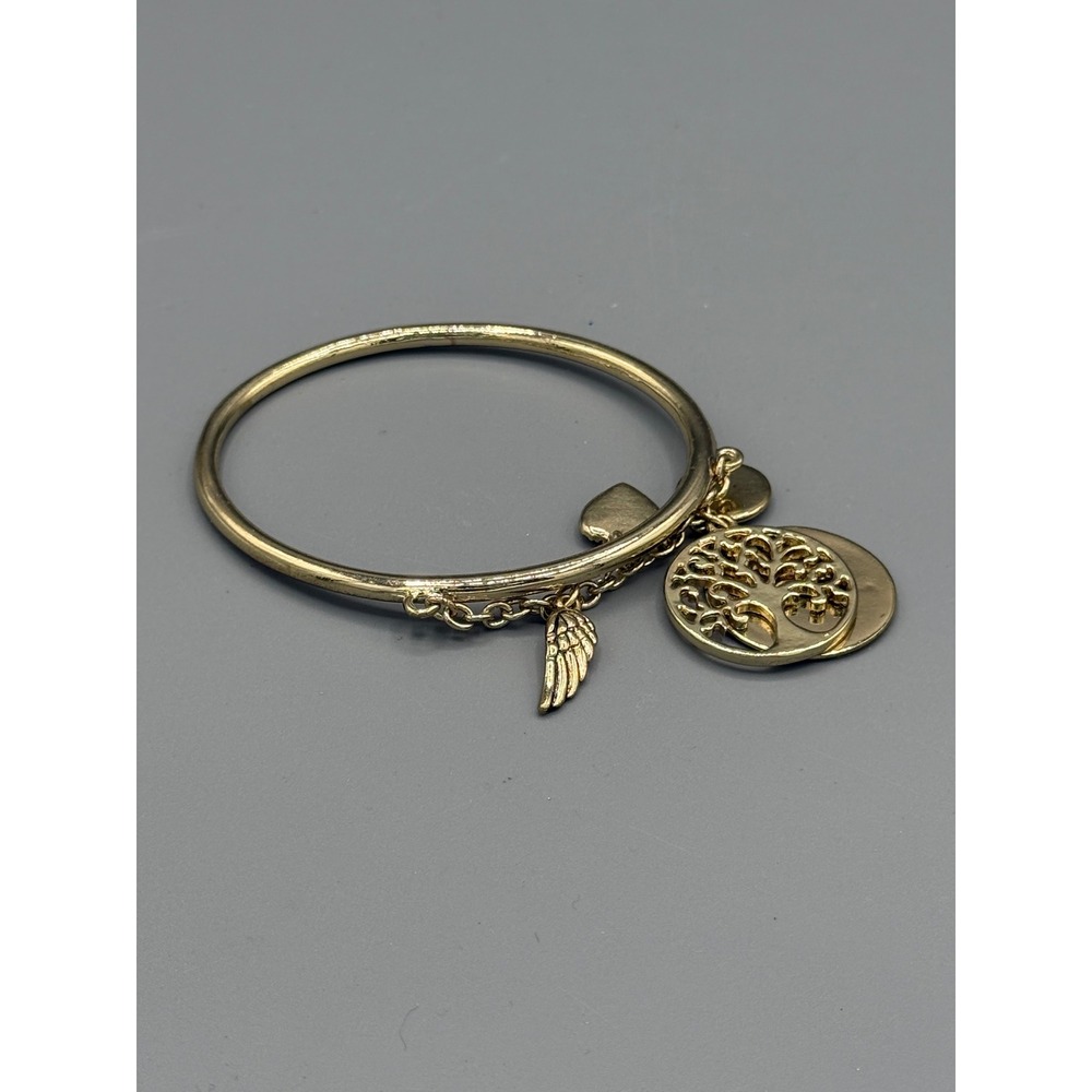 Gold Tone Tree of Life Angel Wing Heart Charm Bangle Bracelet Grow Strong